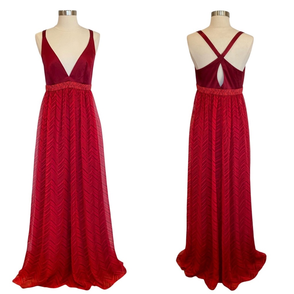 Laundry by Shelli Segal Silk Beaded Gown with Chevron Skirt and Crisscross Back
